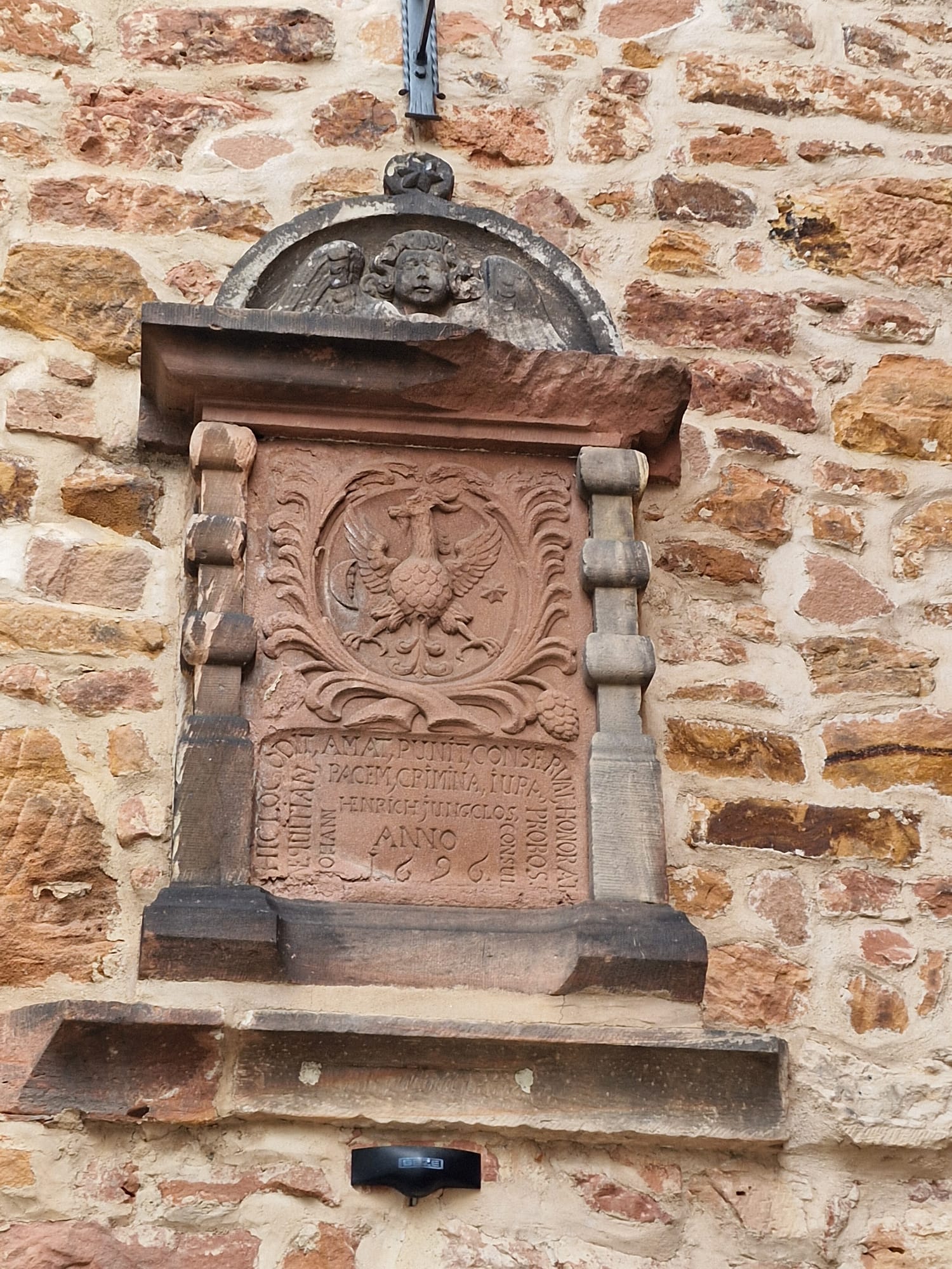 Wappenstein mit Ziegenadler am Rathaus Treysa